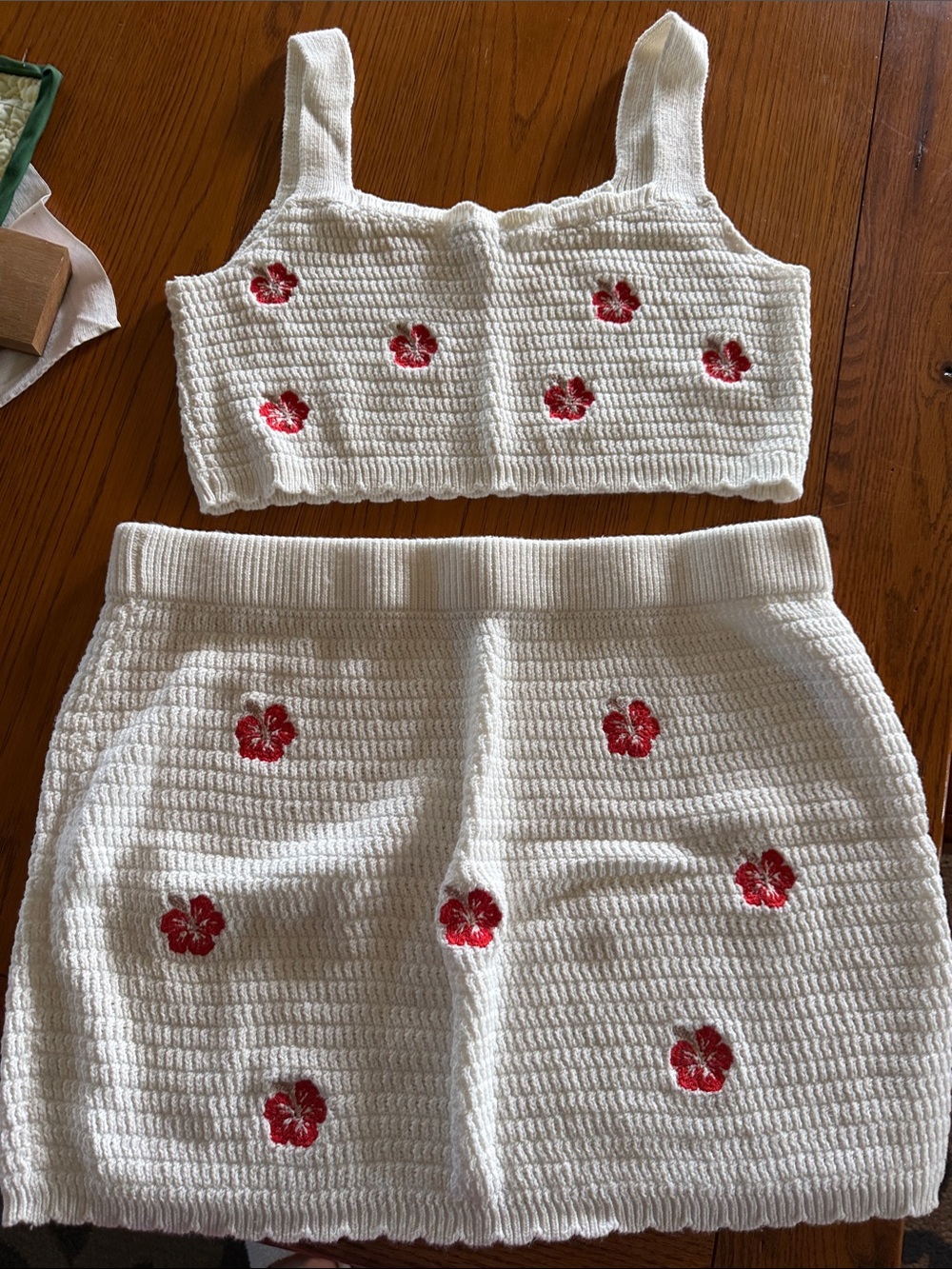 wild fable Cream Crocheted Two-Piece Set with Red hibiscus 🌺 Embroidery